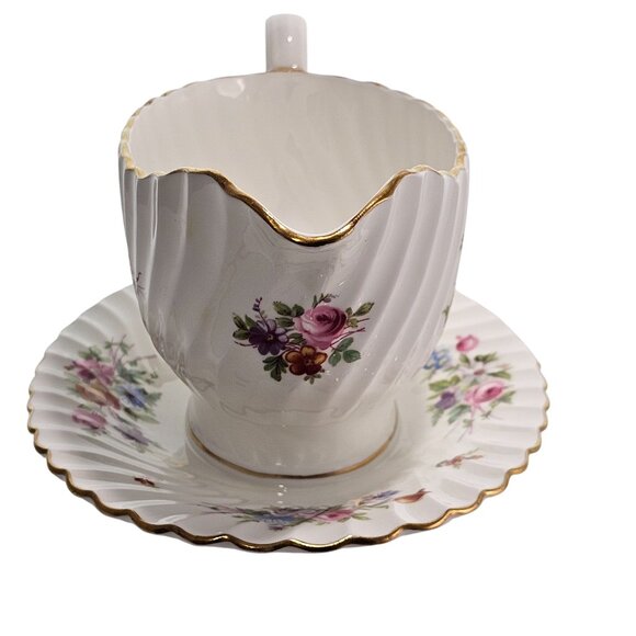 Minton Marlow Floral Gravy Boat Attached Underplate vtg Globe backstamp1950s ros - Picture 3 of 12